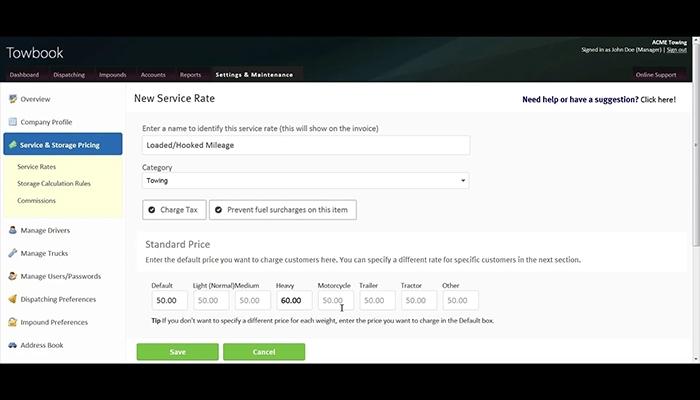 Towbook Service Rates