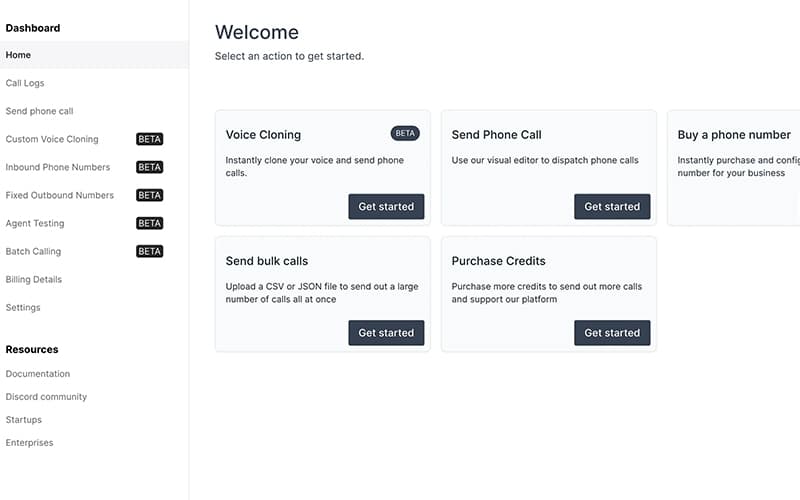 Bland AI Welcome Home Page