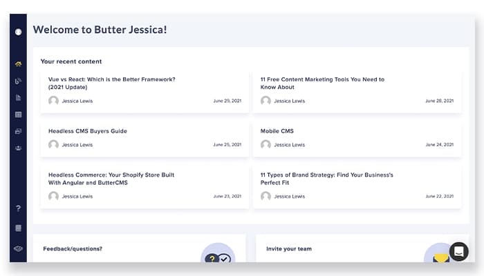 ButterCMS Home Dashboard