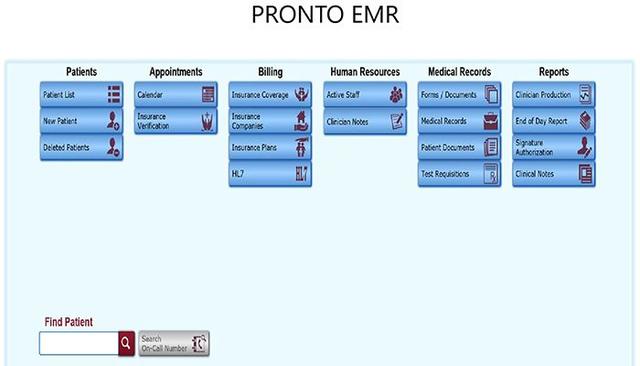 PRONTO EMR Software Home Screen