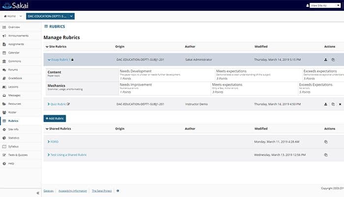 Sakai LMS-rubrics