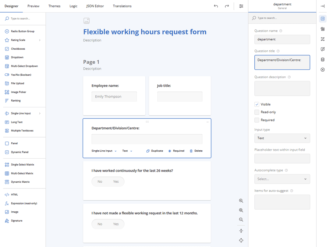 SurveyJS Flexible Working Hours