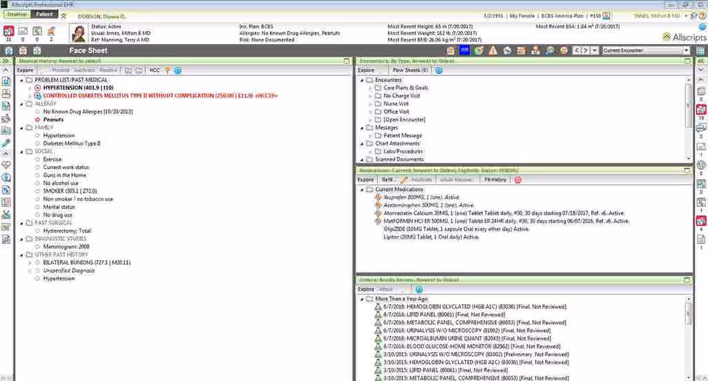 Allscripts EMR Face Sheet