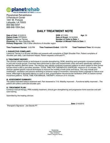 Planetrehab Software - Daily Treatment Note