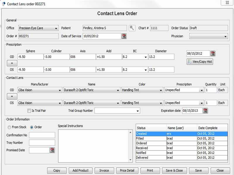 Practice Director EHR - Contact Lens Order
