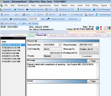 AdvantaChart Patient phone call
