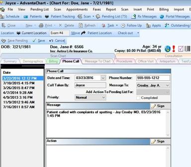 AdvantaChart Patient phone call