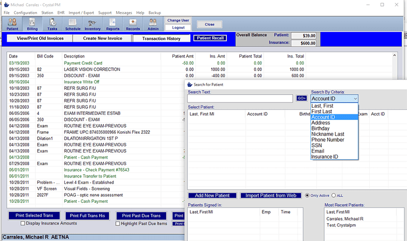 Crystal Practice Management Billing
