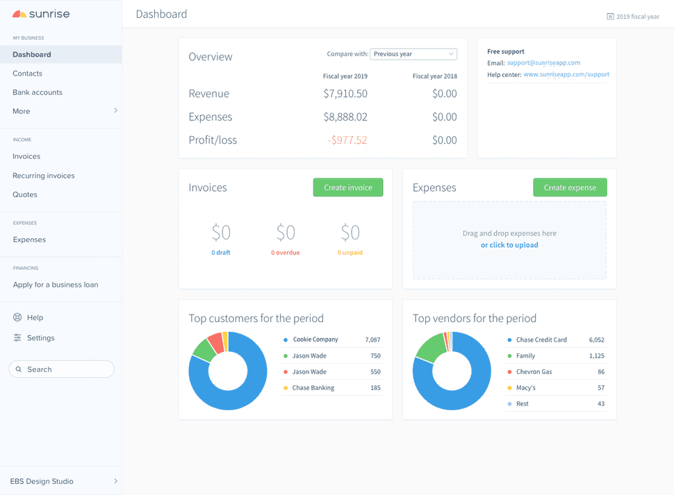 Sunrise invoice screenshot Dashboard