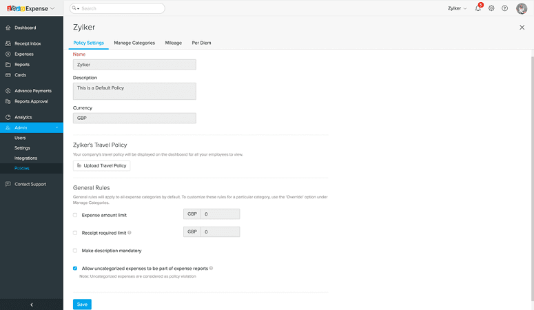 Zoho Expense Policy Settings