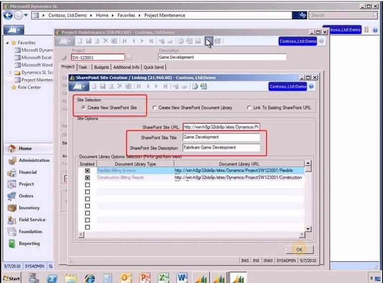 Microsoft Dynamics SL Site selection