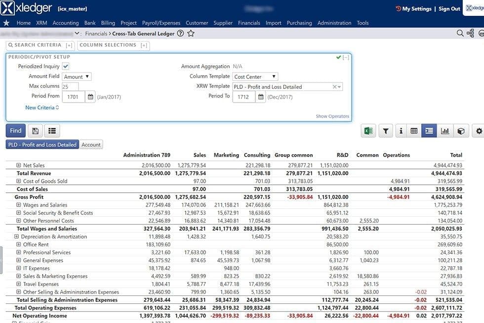 Xledger Profit and loss detailed