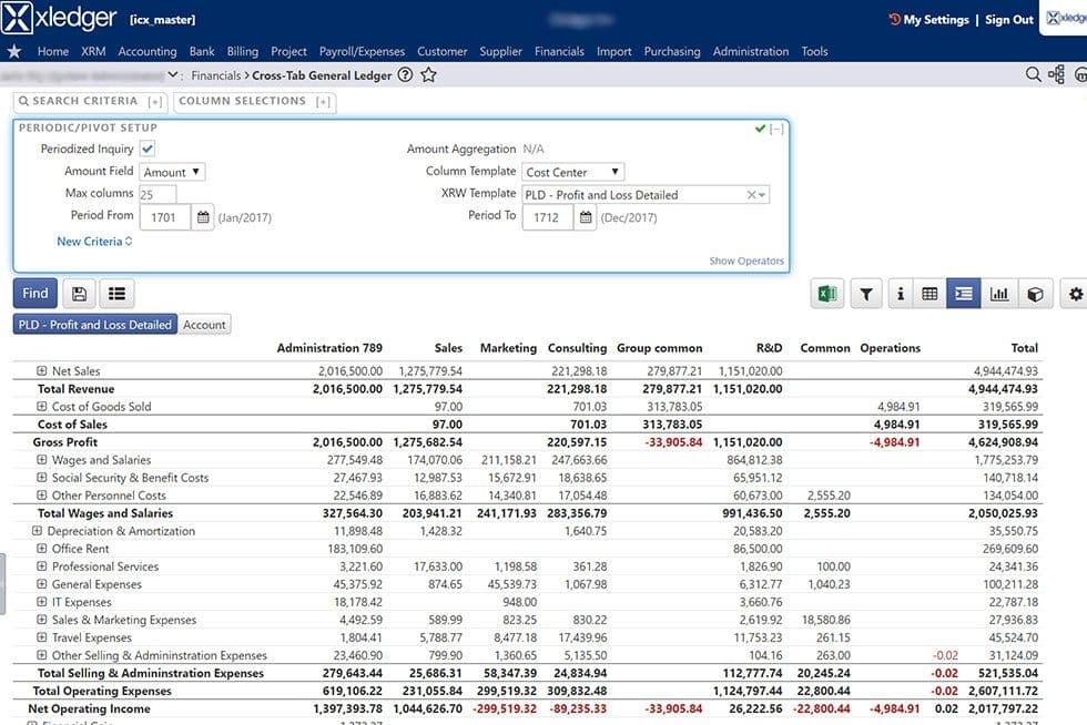 Xledger Profit and loss detailed