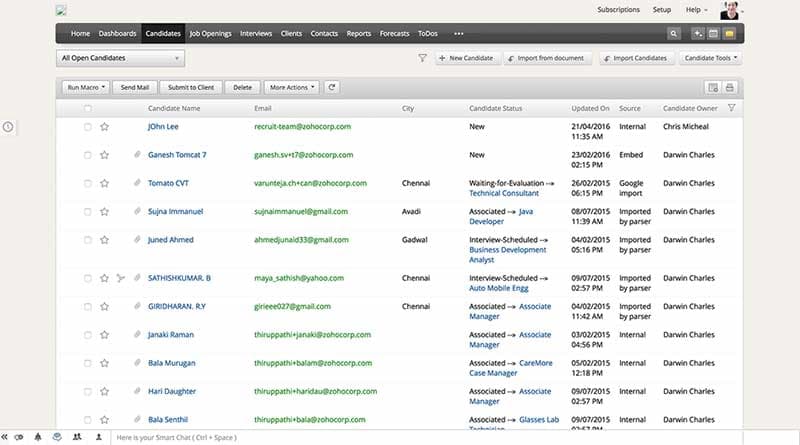Zoho Recruit Candidates List