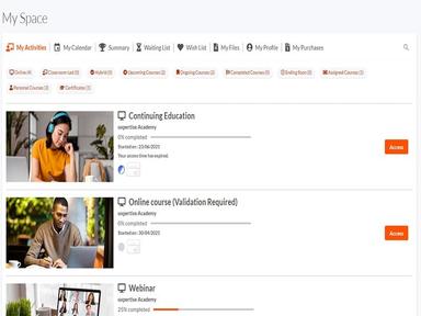 uxpertise LMS Learner space to access enrollments, wish list waiting list, profile, dashboard purchases,etc