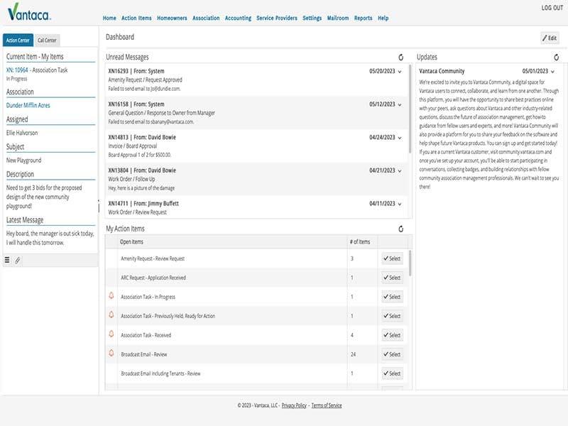 Vantaca Action Center Dashboard