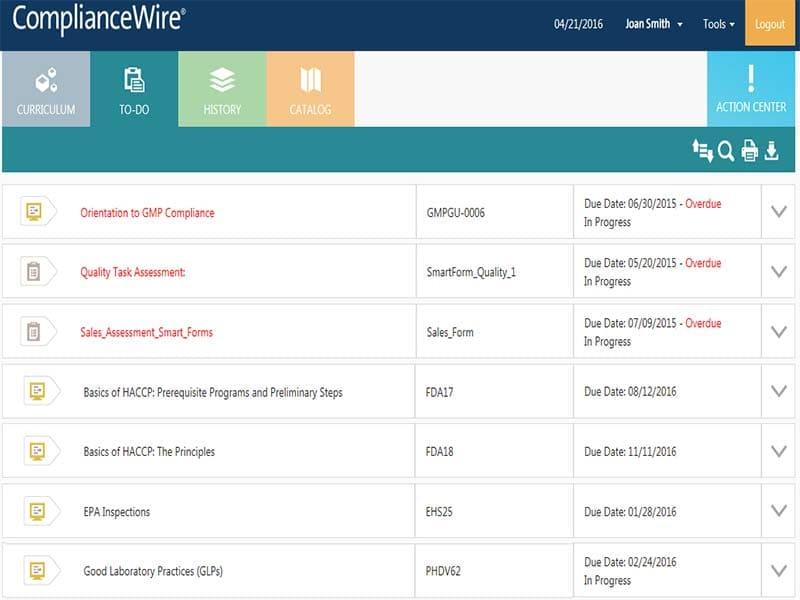 ComplianceWire - Learner To Do Page