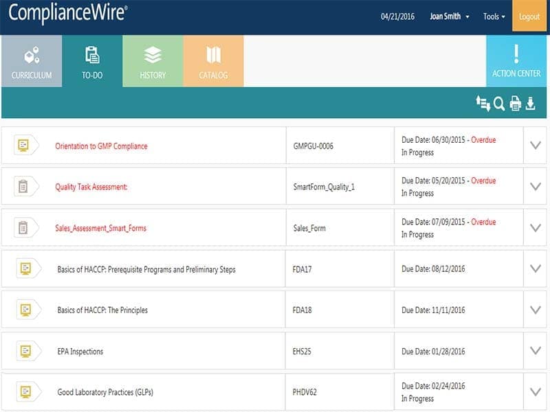ComplianceWire Learner To Do Page