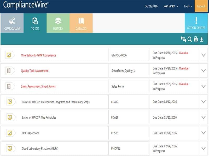 ComplianceWire Learner To Do Page
