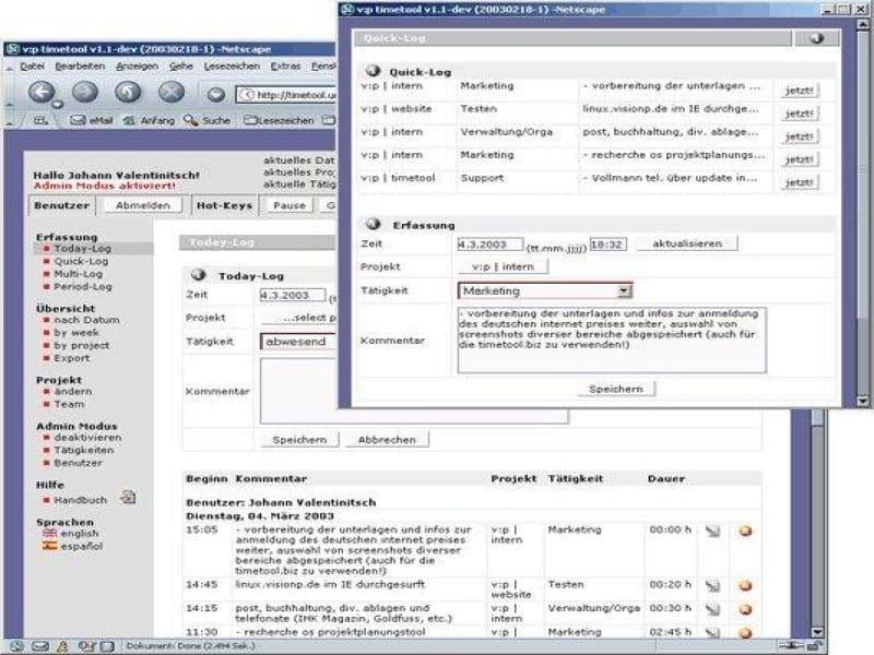 Opentimetool - Today-Log and Quick-Log Window