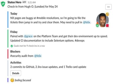 Status Hero Slack Integration Check ins and Reminders
