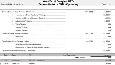AccuFund’s Bank Reconciliation module provides full reconciliation from bank to register to General Ledger for each checking account
