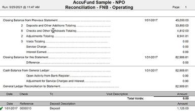 AccuFund’s Bank Reconciliation module provides full reconciliation from bank to register to General Ledger for each checking account