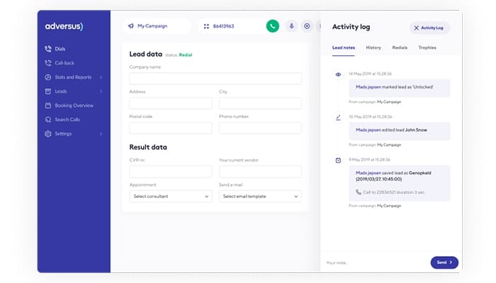 Adversus lead data screenshot