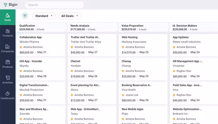Bigin by Zoho CRM Deals page