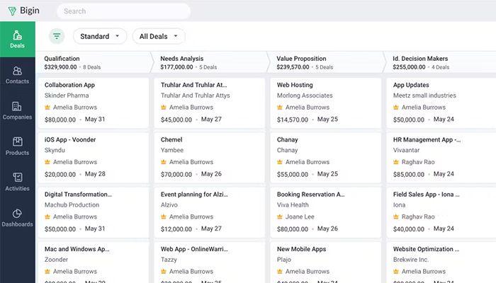 Bigin by Zoho CRM Deals page
