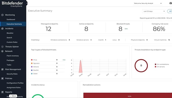 Bitdefender GravityZone Single console showing all managed endpoints, risks and company risk score