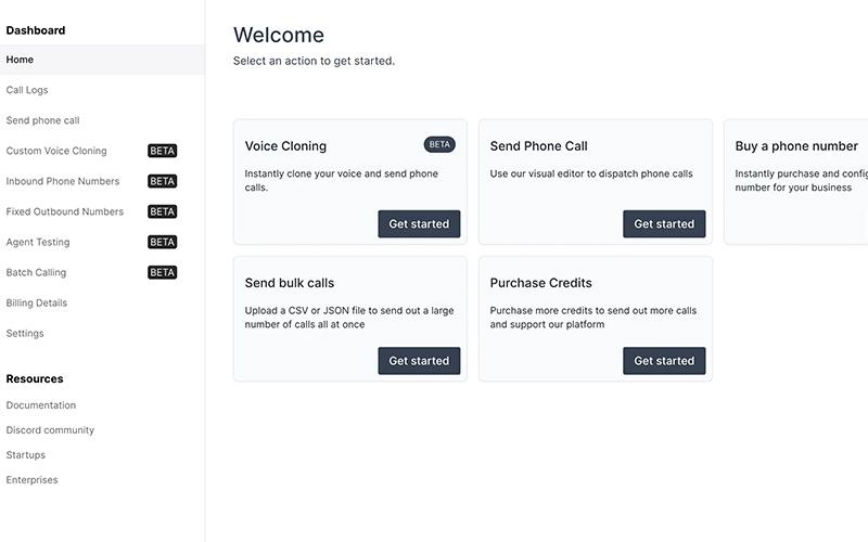 Bland AI Welcome Home Page