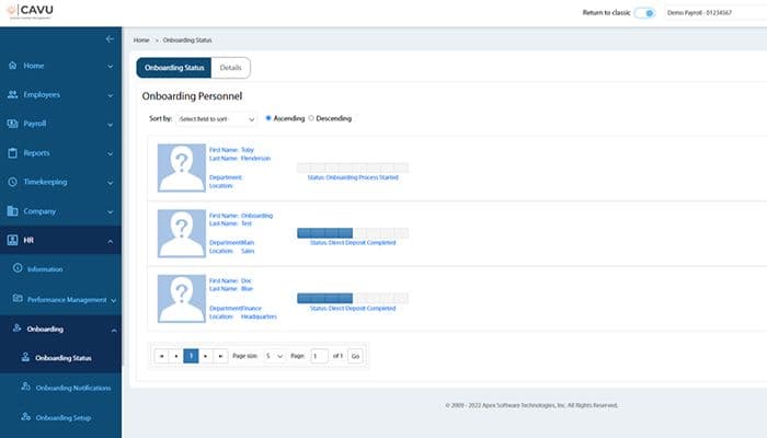 CAVU HCM Employee Onboarding Progress