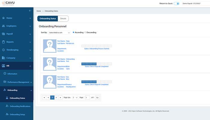 CAVU HCM Employee Onboarding Progress