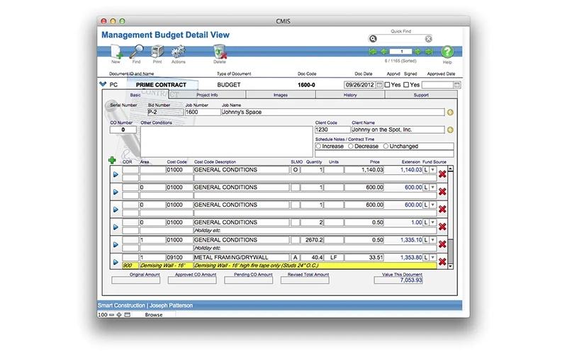 Management budget detail view