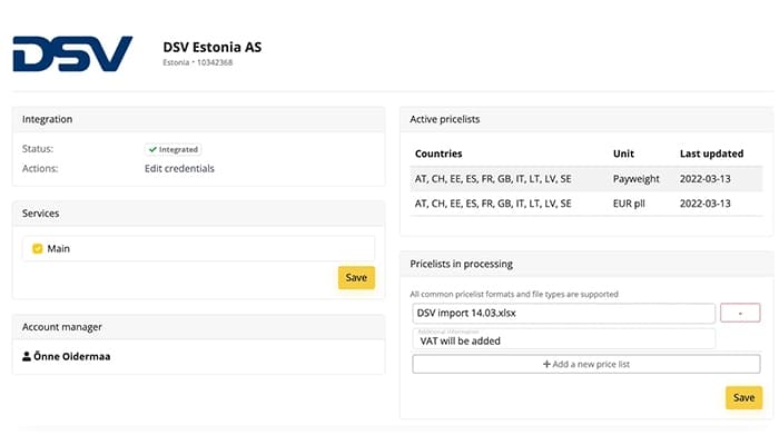 Cargoson Integrate Carrier Card , Upload Personal Pricelists