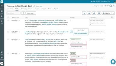 Construct a detailed chronology of events, review documents and other forms of evidence, link relevant contacts and issue tags, manage tasks for yourself or your team, and search throughout your entire project — all from one intuitive interface.