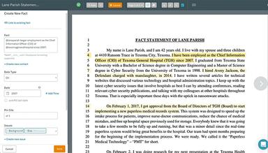 Simultaneously create your fact timeline while reviewing relevant documents.