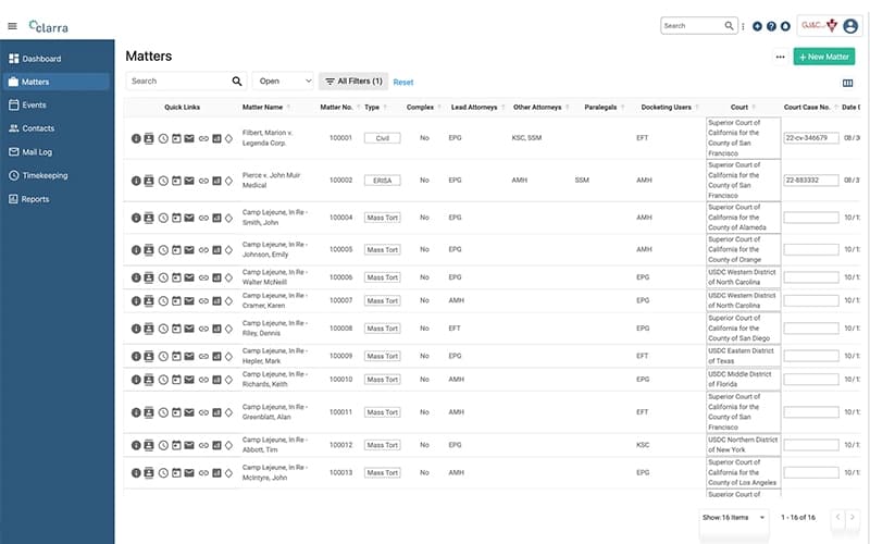 Clarra list of active matters
