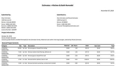 Clear Estimates Spreadsheet breakdown of estimate