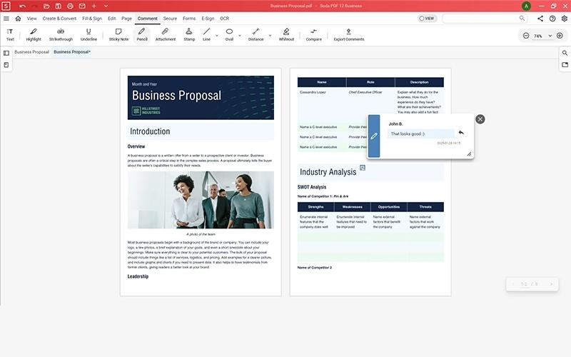 Collaborate seamlessly with Soda PDF’s comment and annotation tools. Easily add notes, highlights, and markups to PDFs for streamlined review and feedback. Enhance teamwork by sharing and responding to comments directly within your documents.