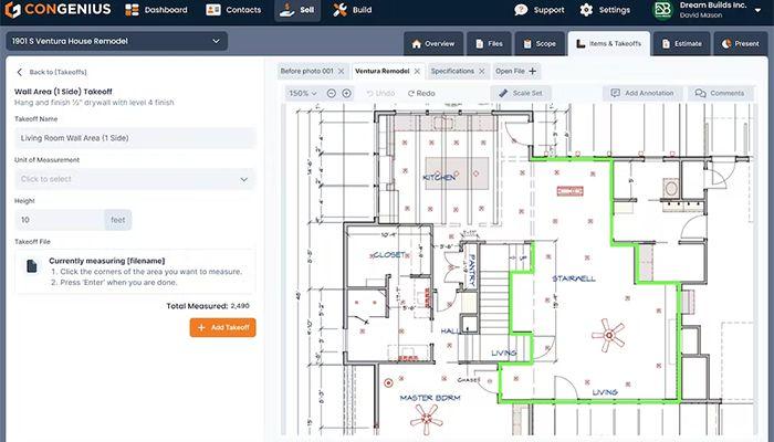 ConGenius Capture measurements and quantities on screen by uploading plans or sketches with our digital takeoff tool