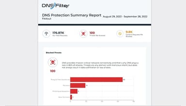 DNSFilter Summary of the total number of requests, blocked threats, and blocked content categories