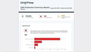 DNSFilter Summary of the total number of requests, blocked threats, and blocked content categories