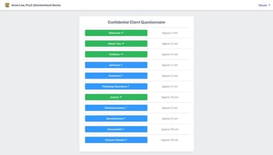 DecisionVault Main menu of the customizable questionnaire