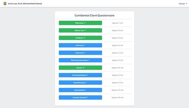 DecisionVault Main menu of the customizable questionnaire
