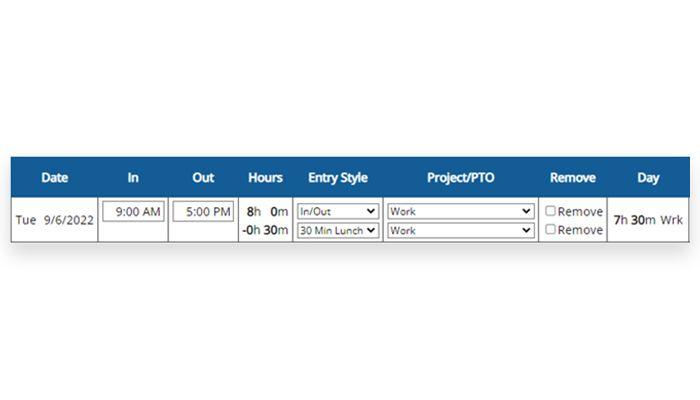 Easy Time Clock View of the Time Card Edit Page