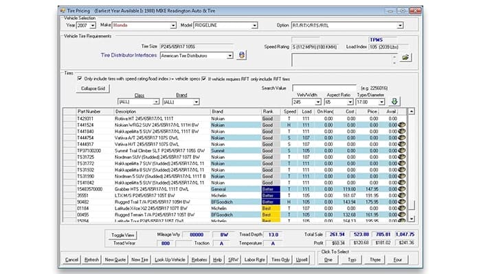 FastTrak Auto Shop Manager Quick Tire Quote