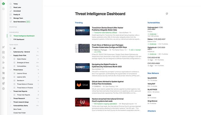 Feedly-Threat-Intelligence-Dashboard-including-trending-vulnerabilities-and-new-malware