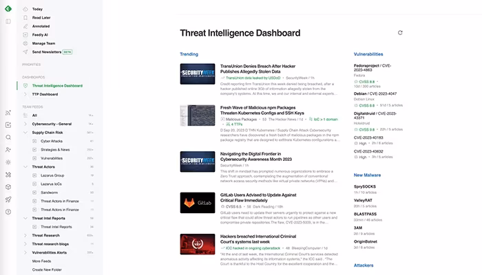 Feedly-Threat-Intelligence-Dashboard-including-trending-vulnerabilities-and-new-malware